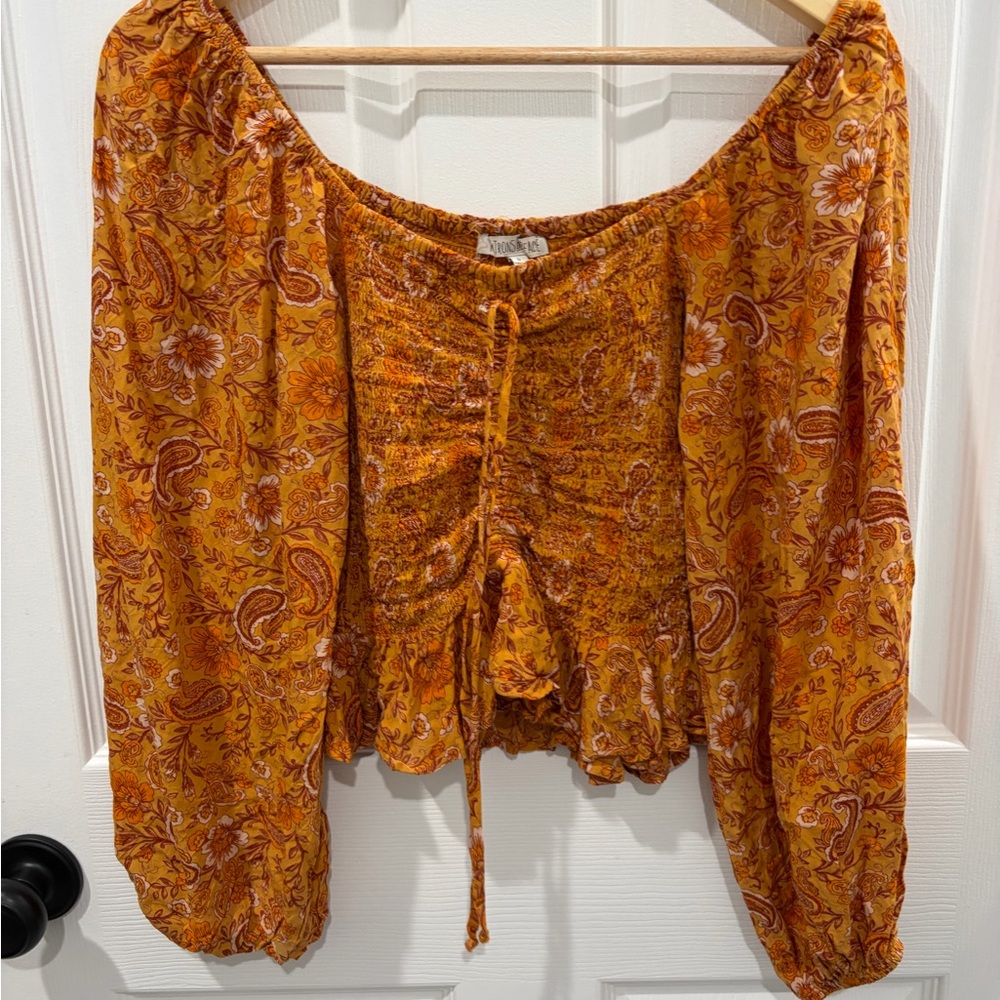 Patrons of Peace Mustard Floral Ruched Peasant Blouse